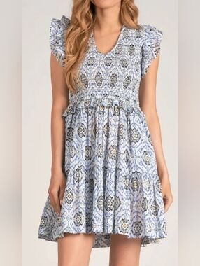 Elan Blue & White Smocked V-Neck Mini Dress